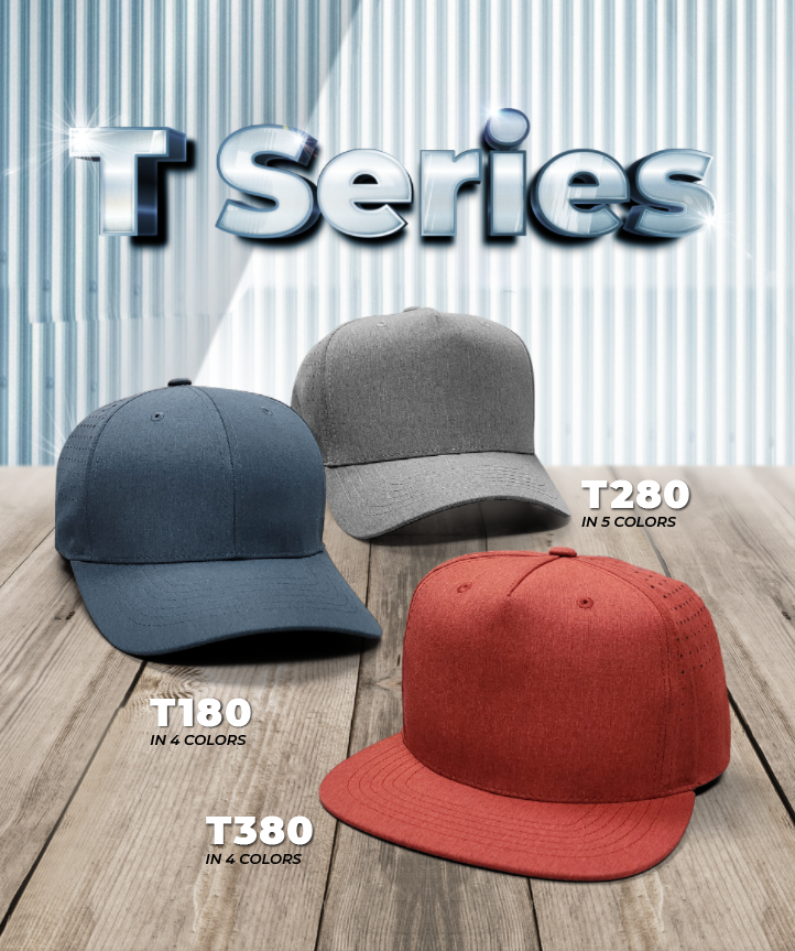 T Series has 6 and 5 Structured Panel made with Polyester Fabric with moisture wicking sweatband. Design with curved and flat bill and in plastic snap closure.